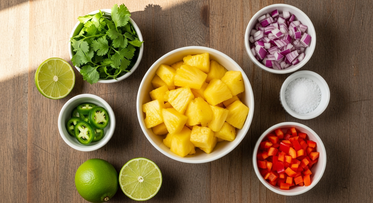 Ingredients for homemade pineapple salsa including fresh pineapple, jalapeño, red onion, cilantro, and lime.