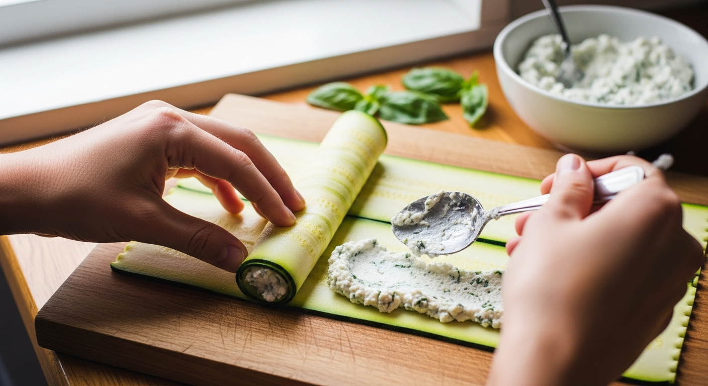 Preparing zucchini lasagna rolls by spreading ricotta filling on zucchini slices.