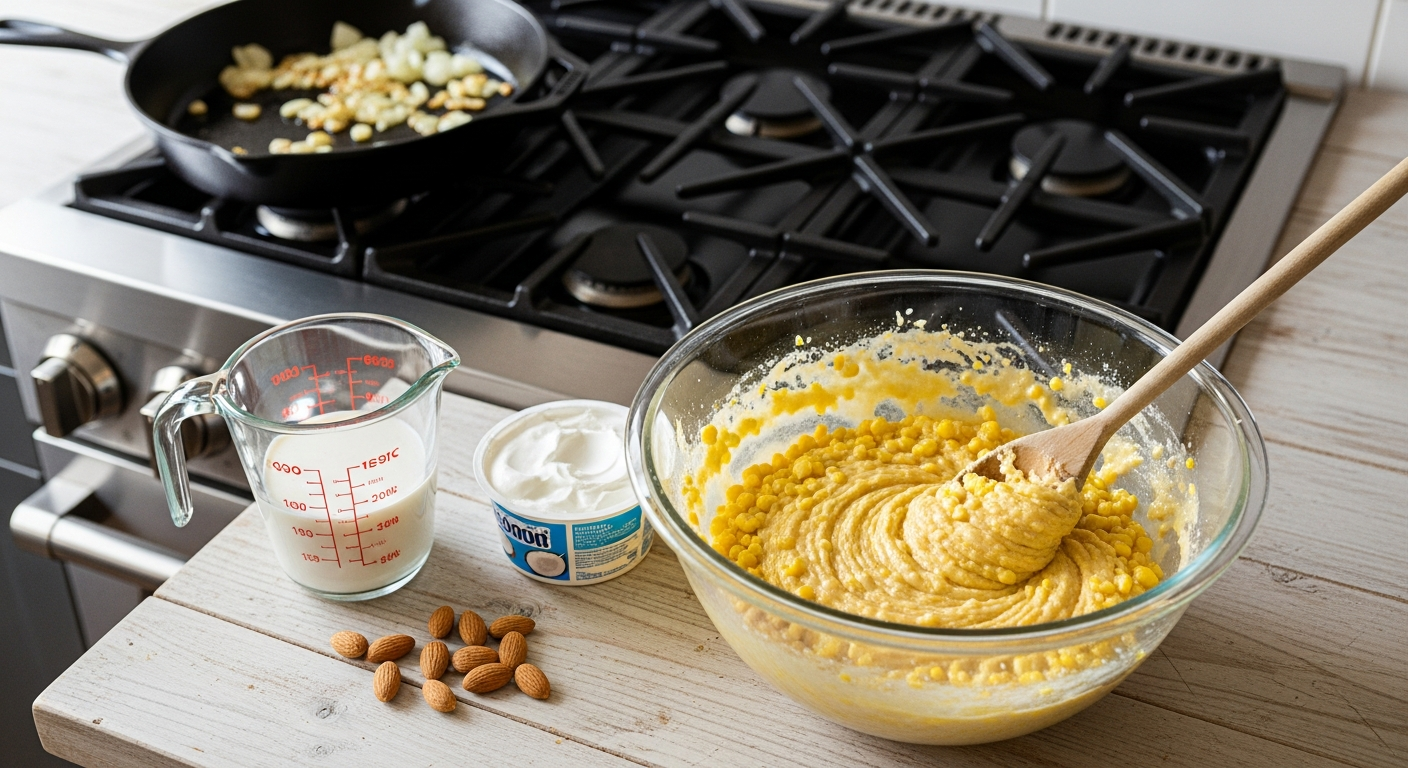 Preparing vegan corn casserole batter with cornmeal, almond milk, corn kernels, onions, and garlic.