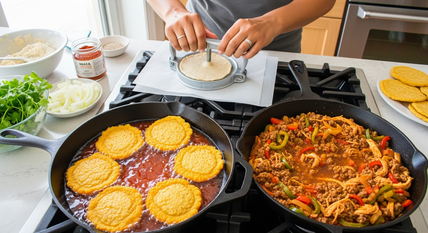 Ingredients for Panamanian style enchiladas including masa harina, annatto oil, ground meat, tomatoes, and fresh herbs.
