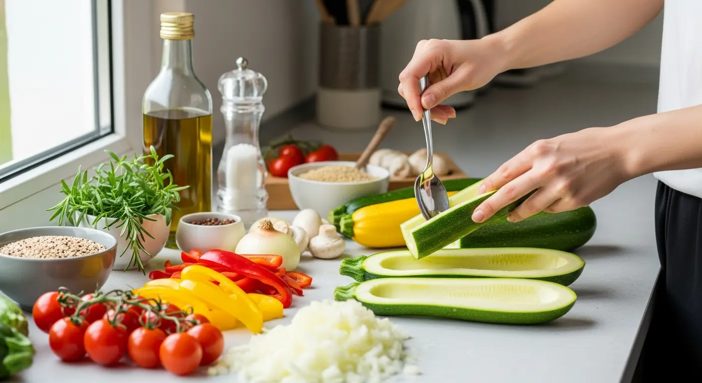 Preparing zucchini boats for dairy-free stuffed zucchini recipe