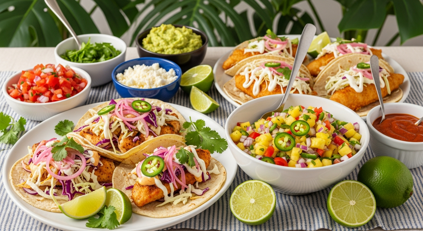 Pineapple salsa served with grilled chicken and fish tacos for a fresh tropical taco night.