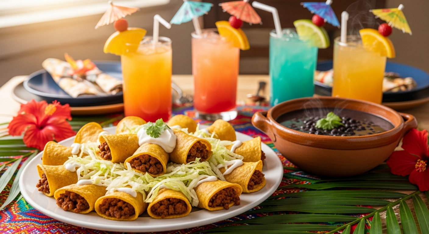 Panamanian style enchiladas served on a table with lettuce, sour cream, cilantro, and tropical side dishes.