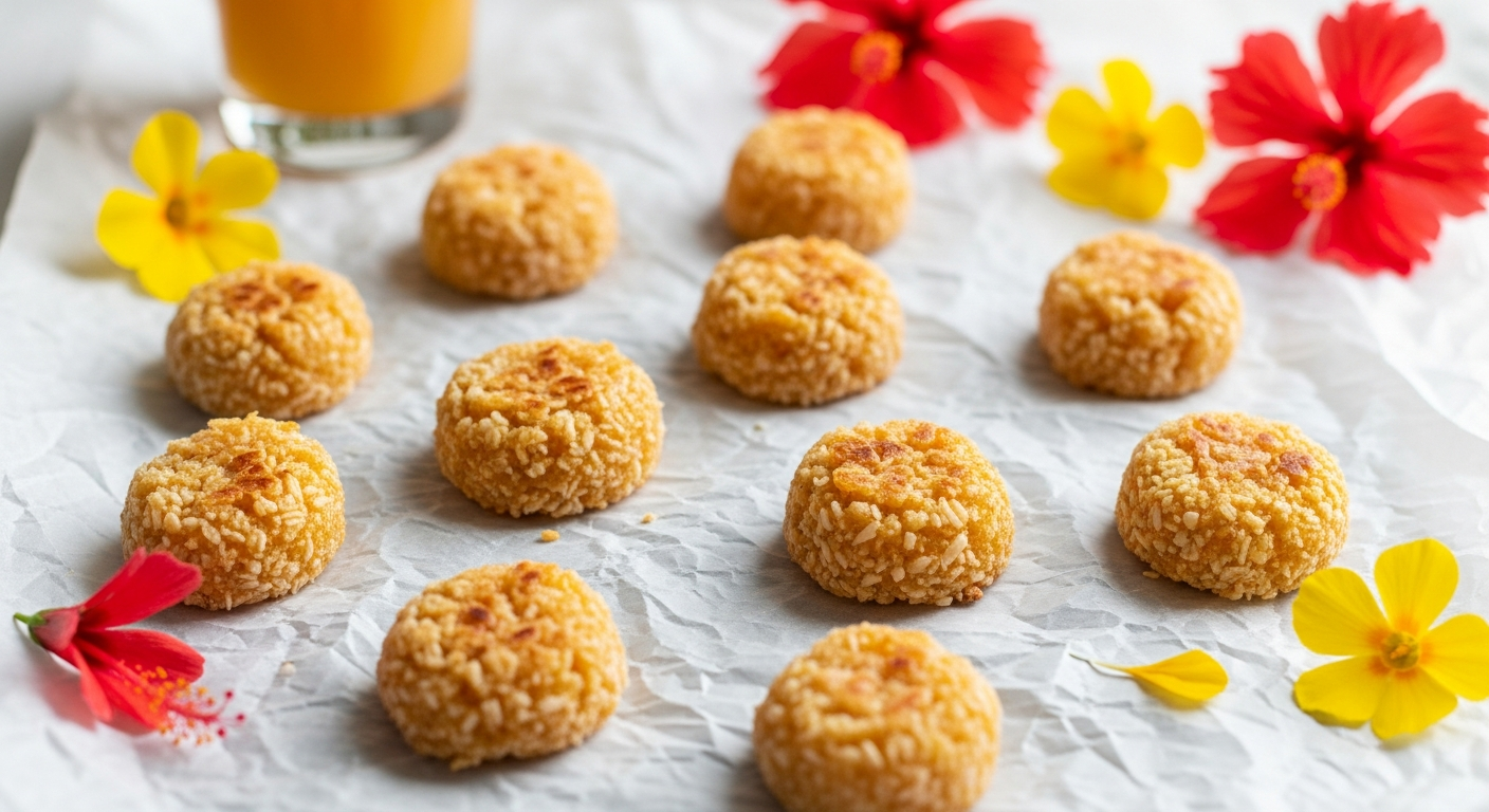 Homemade cocadas coconut candy cooling on parchment paper with tropical decorations.