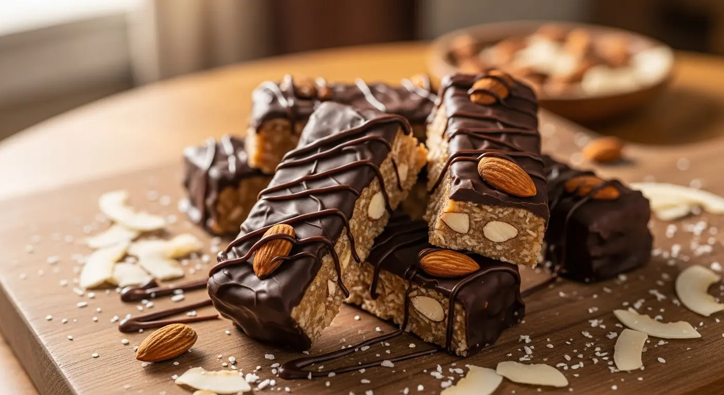 Sugar-free Almond Joy bars served with almonds and coconut flakes