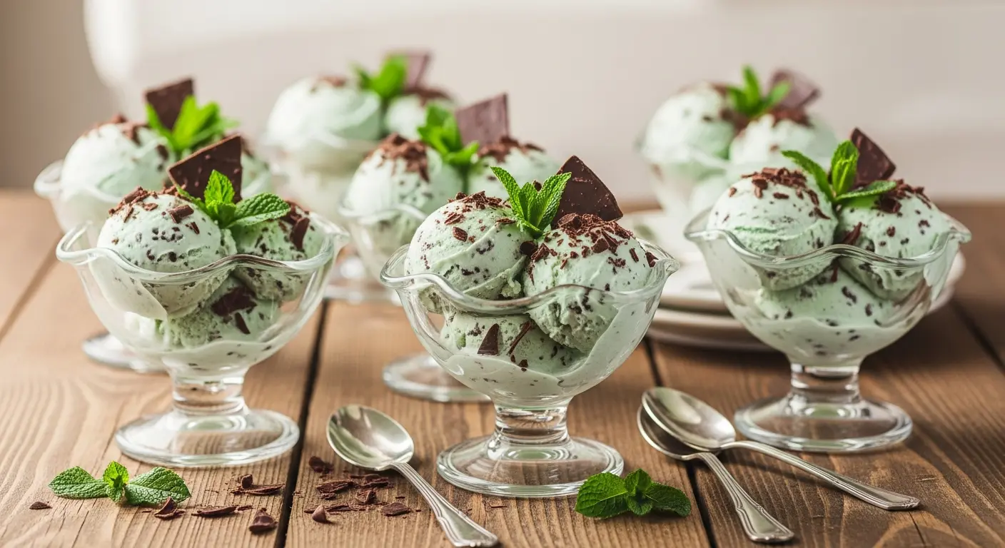 Keto mint chocolate chip ice cream served in bowls with mint and chocolate shavings