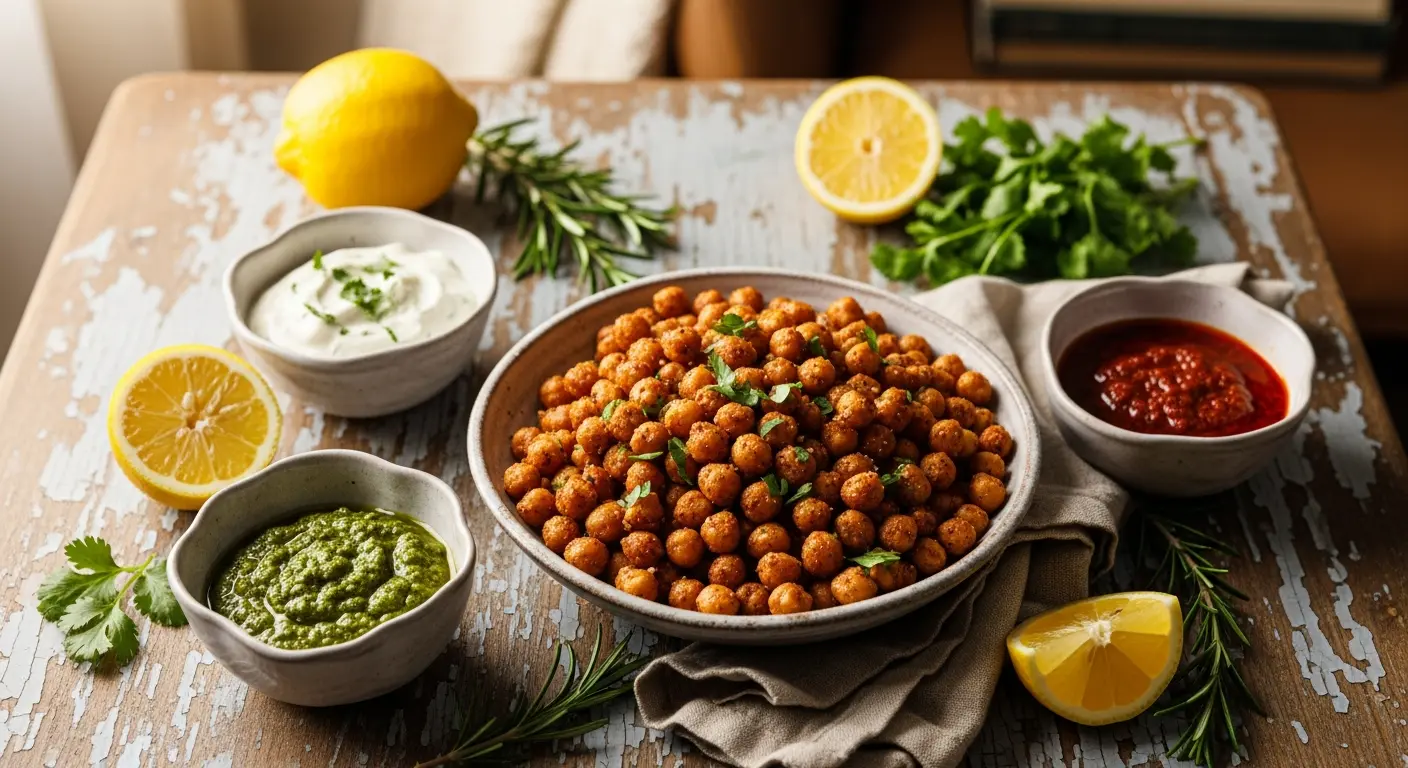 Crispy air fryer chickpeas served on a table with lemon and herbs