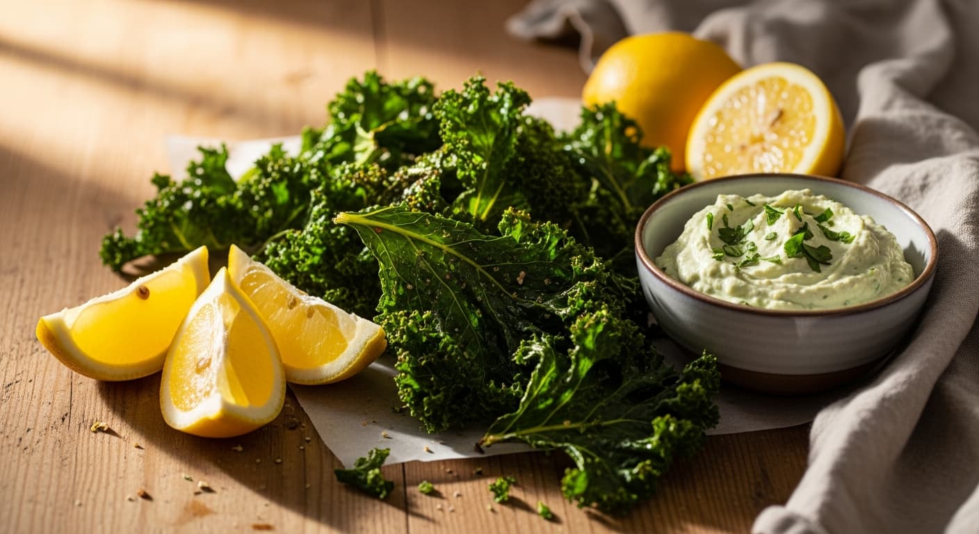 Crispy paleo kale chips served as a healthy snack with lemon and dip