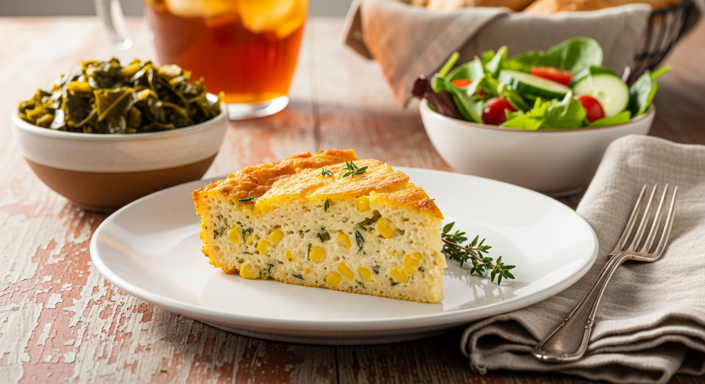 Slice of southern vegan corn casserole served on a plate with classic Southern side dishes.