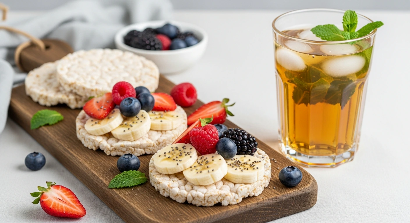 Low-calorie rice cakes served with almond butter, fruit toppings, and herbal tea