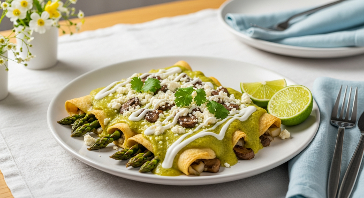 Vegetarian asparagus and mushroom enchiladas served with queso fresco, cilantro, and lime.