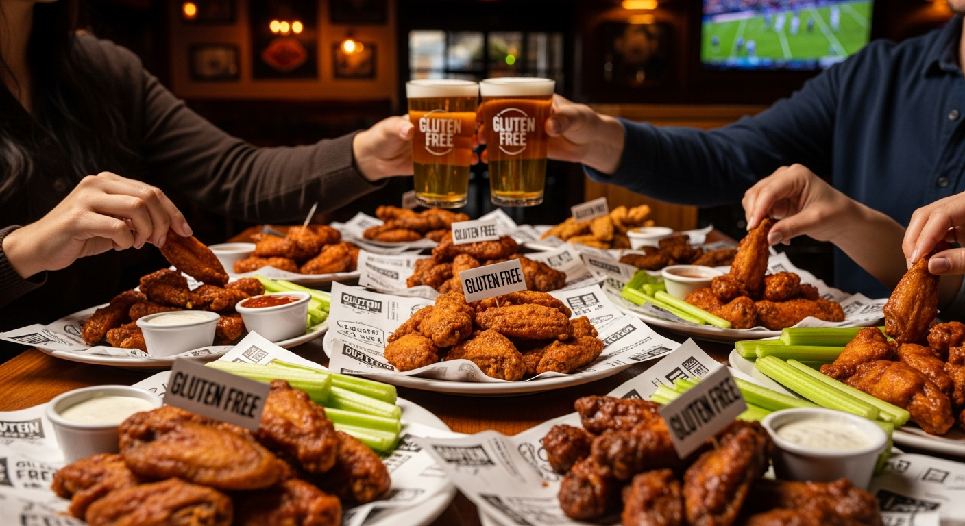 Gluten-free buffalo wings served with dipping sauces in a casual dining setting.