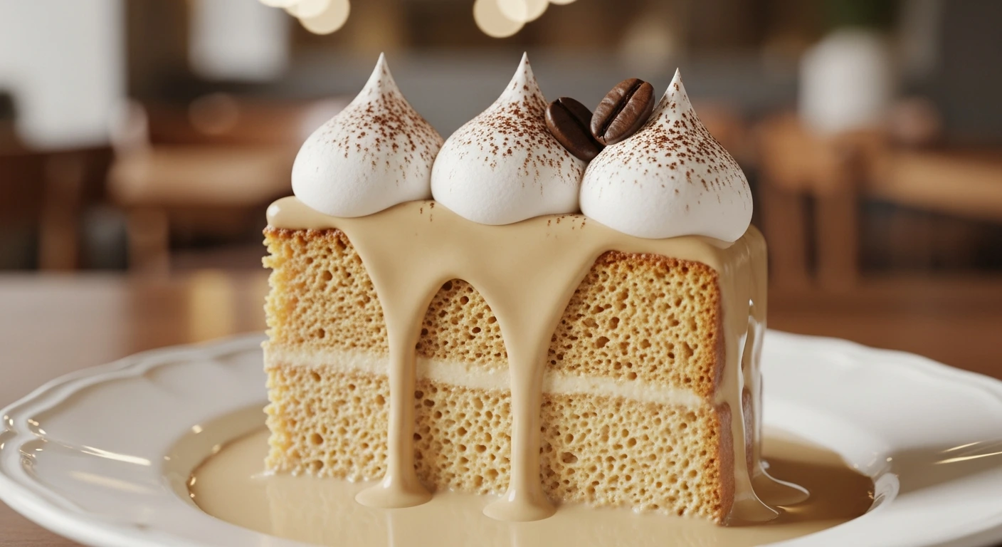 Slice of coffee tres leches cake with whipped cream and coffee-infused milk soak.