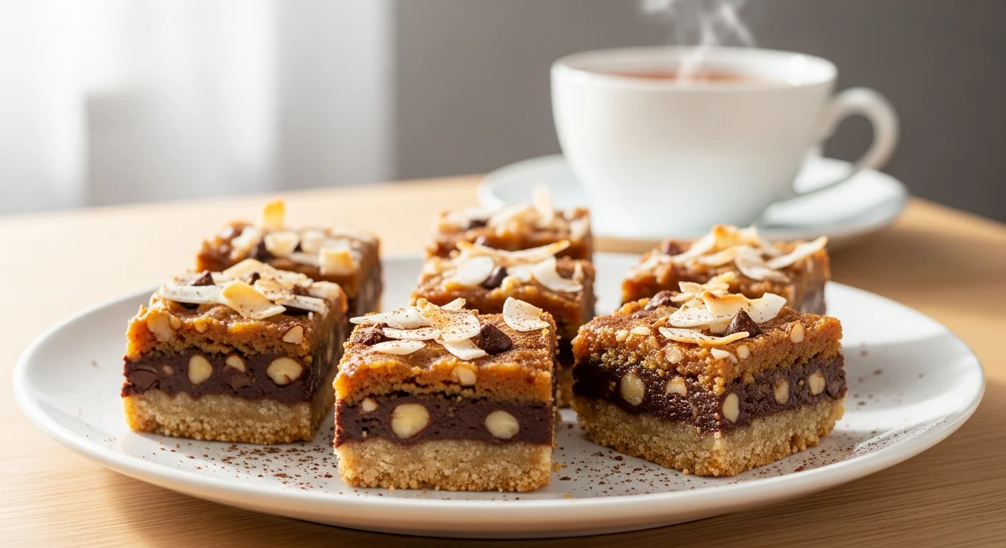 Served sugar-free magic cookie bars for healthy snacking.