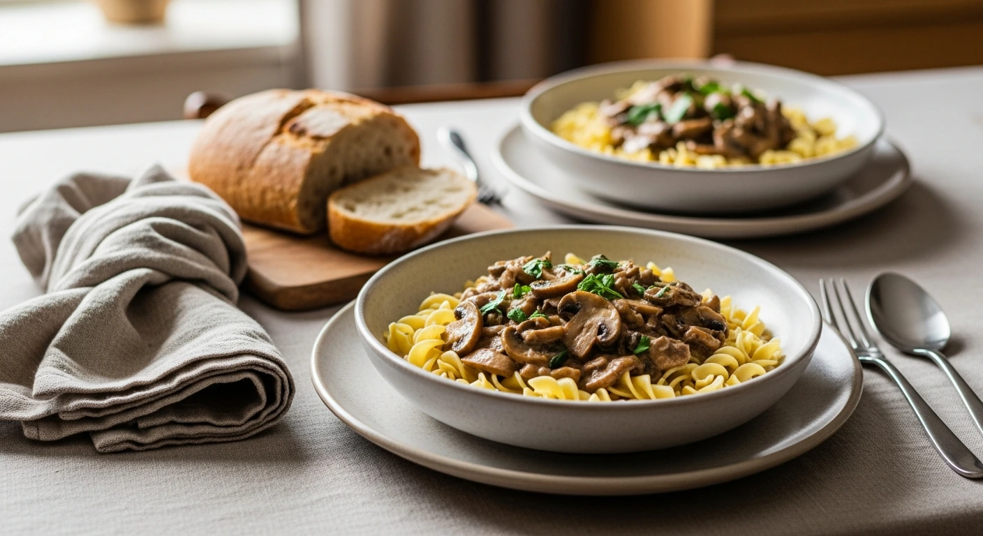 Vegan mushroom stroganoff served as a cozy plant-based comfort meal.
