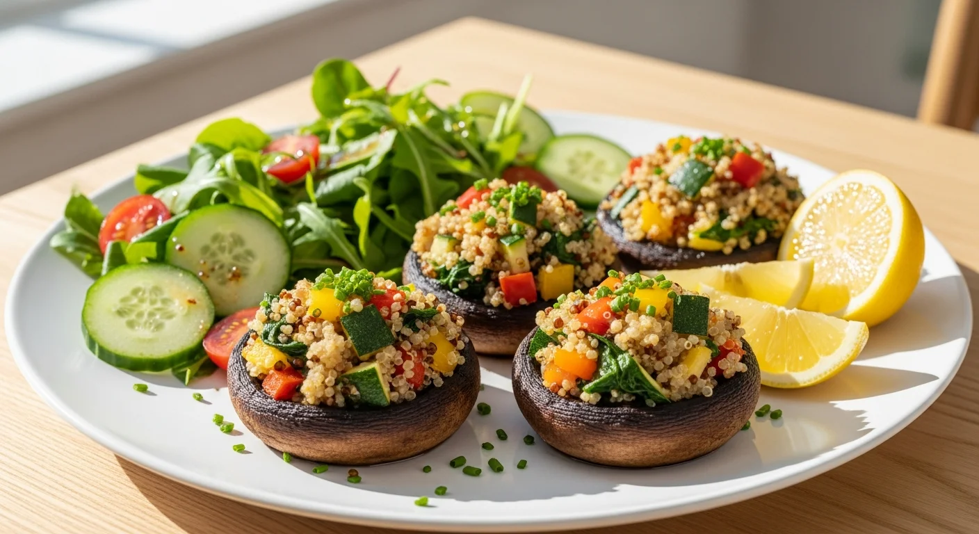 Healthy quinoa stuffed mushrooms served with fresh salad.