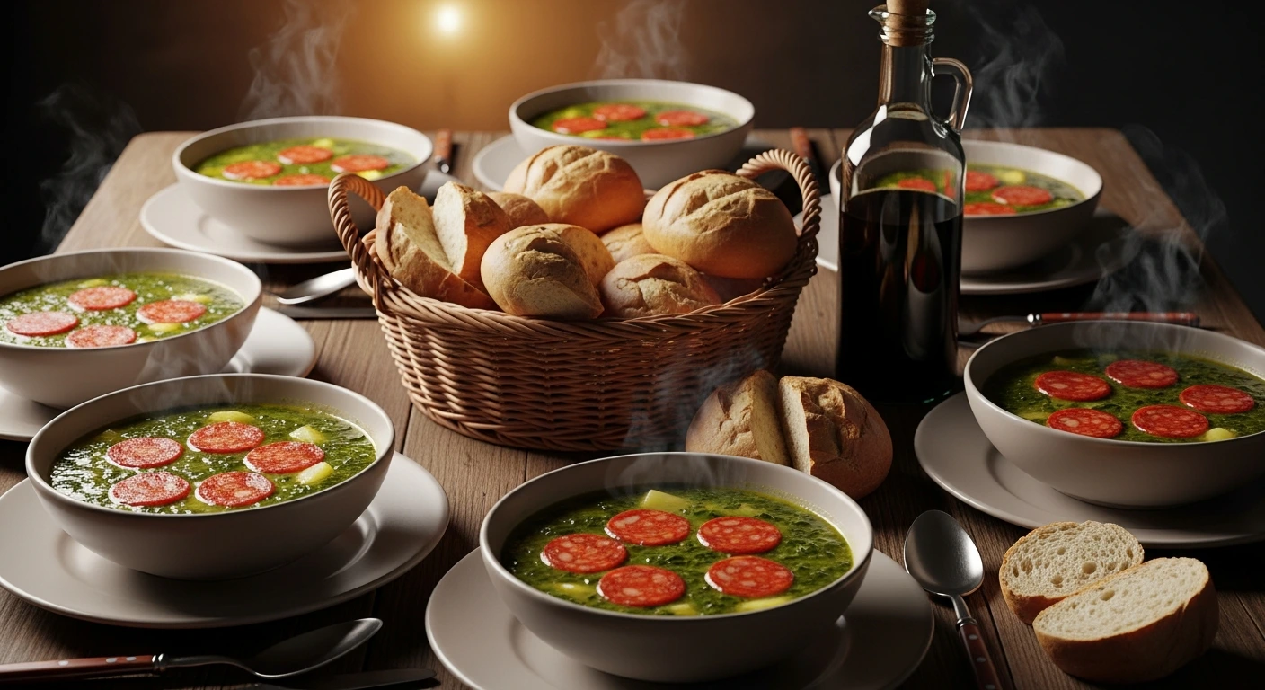 Caldo verde soup served with crusty bread in a traditional Portuguese setting.