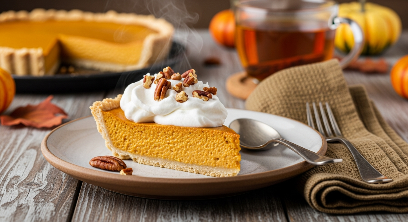 Slices of paleo pumpkin spice pie with coconut whipped cream.