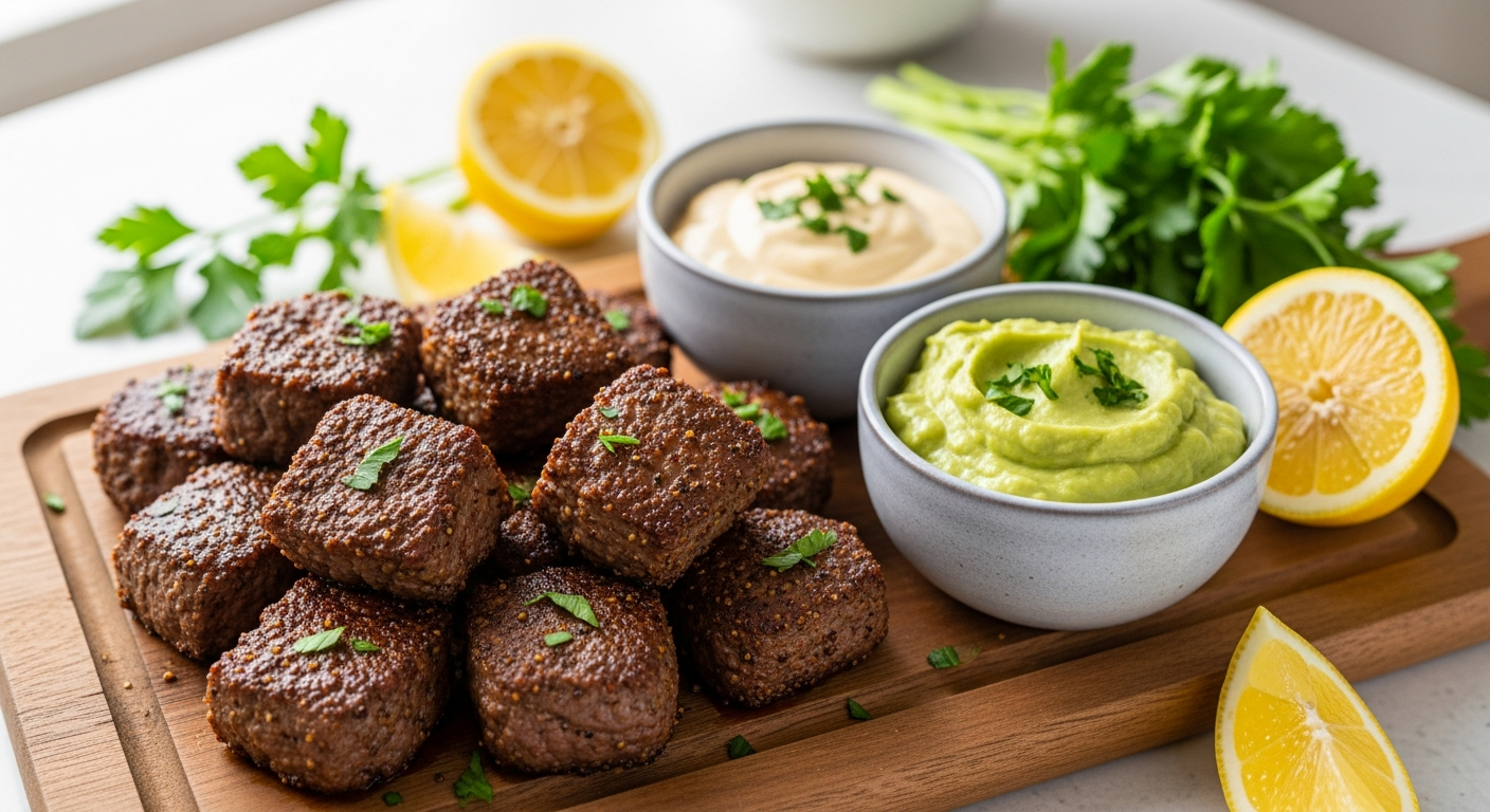 Crispy keto steak bites served with garlic aioli and avocado dip.