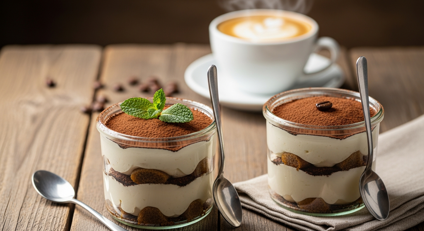 Served keto tiramisu jars with cocoa topping and coffee.