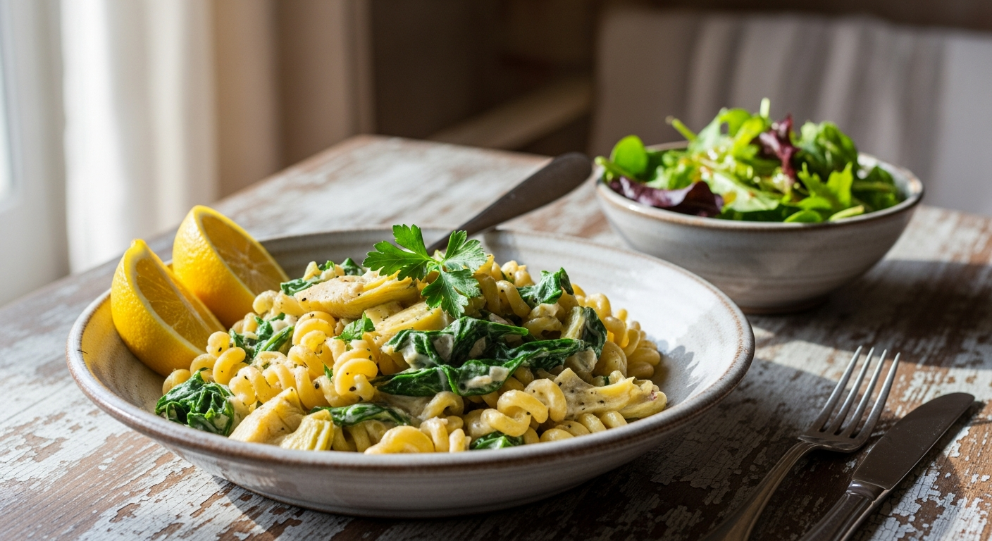 Homemade gluten-free spinach and artichoke pasta served with lemon and fresh herbs.