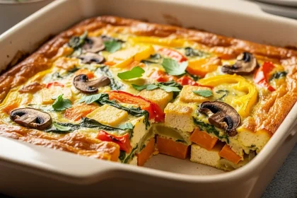 Hearty vegan breakfast casserole baked until golden with tofu, vegetables, and sweet potatoes, plant-based breakfast dish served warm for a healthy morning
