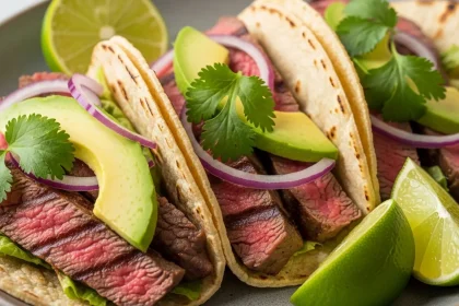 Paleo grilled steak tacos served with avocado slices cilantro and lime on a rustic plate