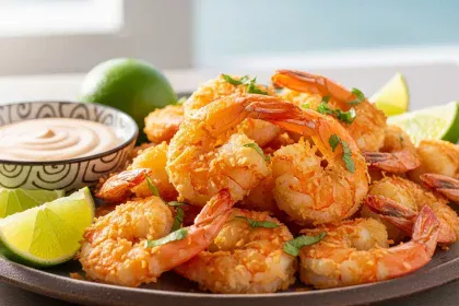 Golden crispy keto coconut shrimp served with creamy tangy dipping sauce and lime wedges