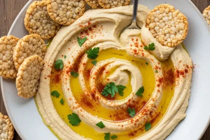 A creamy bowl of homemade gluten-free hummus drizzled with olive oil and sprinkled with paprika, surrounded by crunchy rice crackers partially dipped in the hummus on a rustic wooden board.