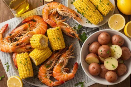 A large rustic platter filled with succulent pink shrimp, golden corn on the cob, tender red potatoes, and fresh lemon wedges, all coated in Zatarain's signature seasoned spices.