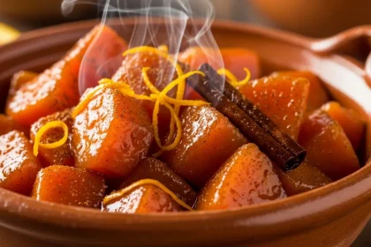 Candied sweet potatoes simmered in cinnamon piloncillo syrup served in rustic clay bowl