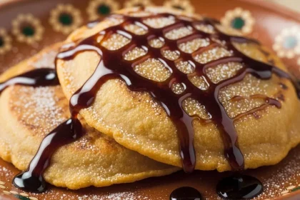 A stack of golden-brown sweet gorditas drizzled with rich piloncillo syrup and dusted with ground cinnamon and powdered sugar on a rustic clay plate.