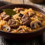 Traditional Polish Bigos hunter’s stew with meat, sauerkraut, and cabbage served in a rustic bowl
