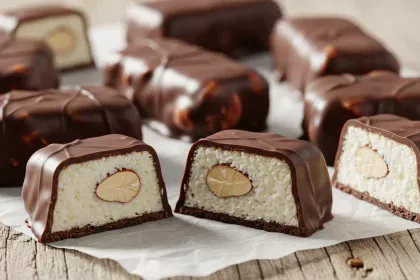 Sugar-free Almond Joy bars with coconut filling, almonds, and dark chocolate coating