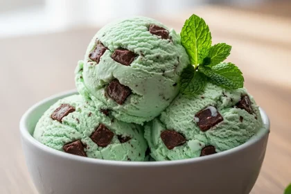 Creamy keto mint chocolate chip ice cream scoops with fresh mint garnish