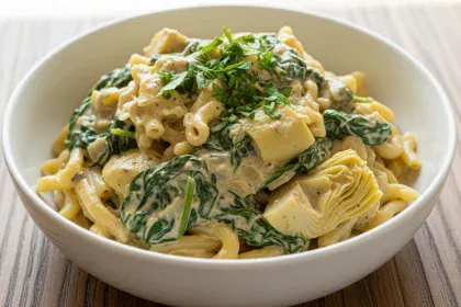 Gluten-free spinach and artichoke pasta in a creamy dairy-free sauce garnished with fresh parsley.