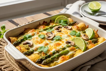 Spring asparagus and mushroom enchiladas baked with green sauce, melted cheese, and fresh cilantro.