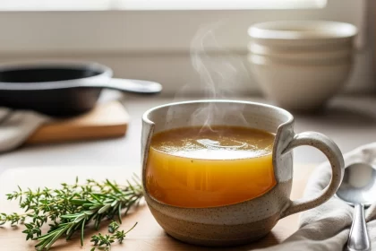 Golden paleo bone broth rich in collagen served warm in a rustic mug.