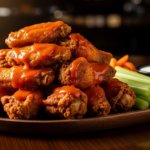 Gluten-free Buffalo style chicken wings with celery sticks and ranch dip.