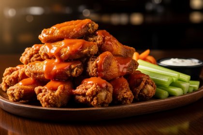 Gluten-free Buffalo style chicken wings with celery sticks and ranch dip.