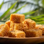 Chewy cocadas coconut candy served on a rustic plate with tropical decor and natural sunlight.