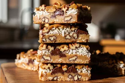 Sugar-free magic cookie bars made with almond butter, coconut, and dark chocolate.