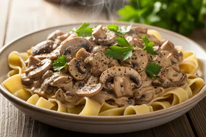 Creamy vegan mushroom stroganoff served over pasta with fresh herbs.