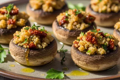 Low-calorie stuffed mushrooms filled with quinoa and herbs on a plate.