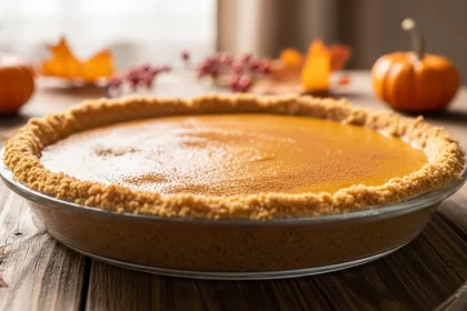 Paleo pumpkin spice pie with grain-free crust and creamy filling.