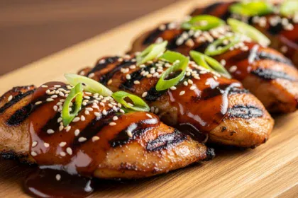High-protein teriyaki sauce drizzled over grilled chicken, garnished with sesame seeds and green onions, perfect for muscle-building meals.