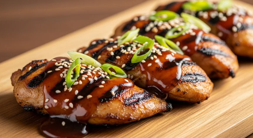 High-protein teriyaki sauce drizzled over grilled chicken, garnished with sesame seeds and green onions, perfect for muscle-building meals.