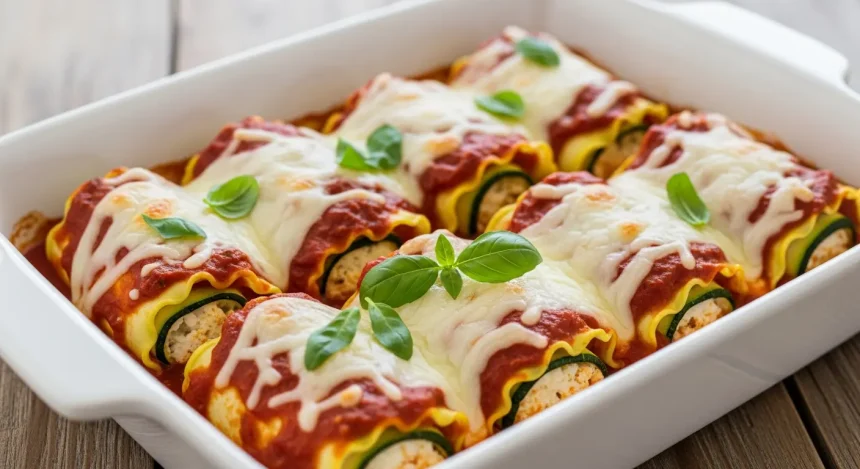 Low-cal zucchini lasagna rolls baked in marinara sauce with melted mozzarella and fresh basil.