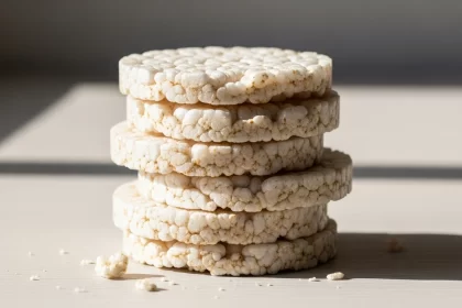 Low-calorie rice cakes stacked on a wooden surface, light and crunchy healthy snack