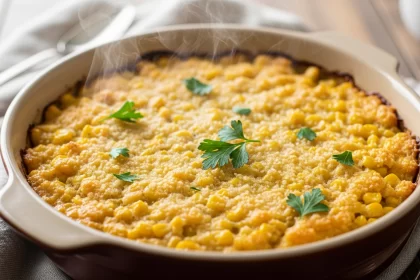 Southern style vegan corn casserole with a golden crust and creamy texture, dairy-free comfort food baked fresh.